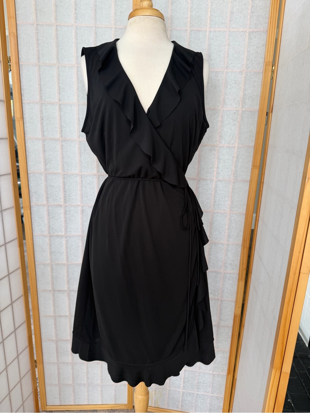 J. Crew Black Sleeveless Ruffle Wrap Midi Dress